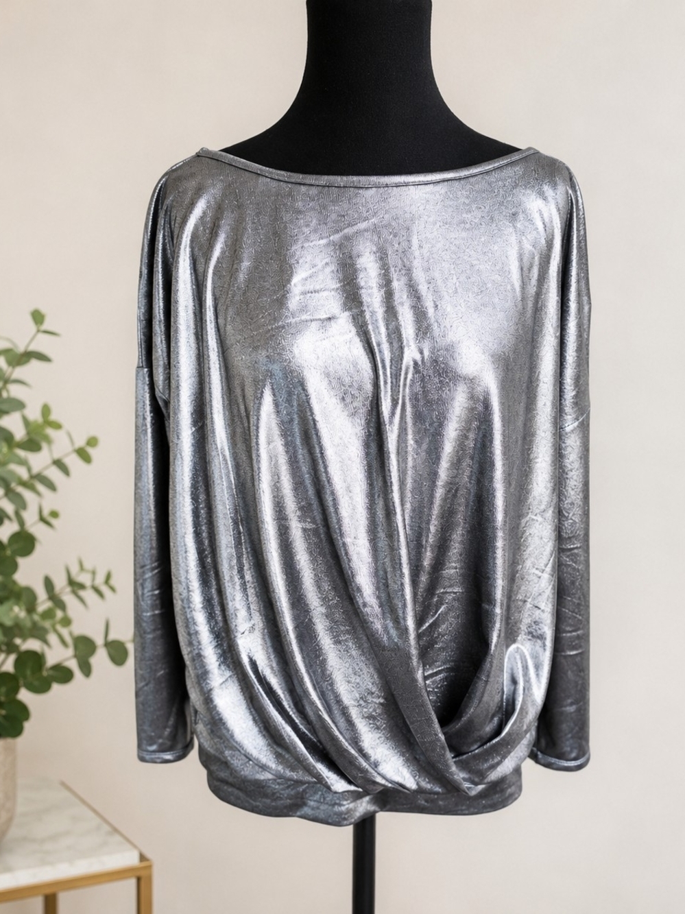 Wrapper Metallic Silver Ruched Blouse Top XL Sheer Back Stretch Party Glam